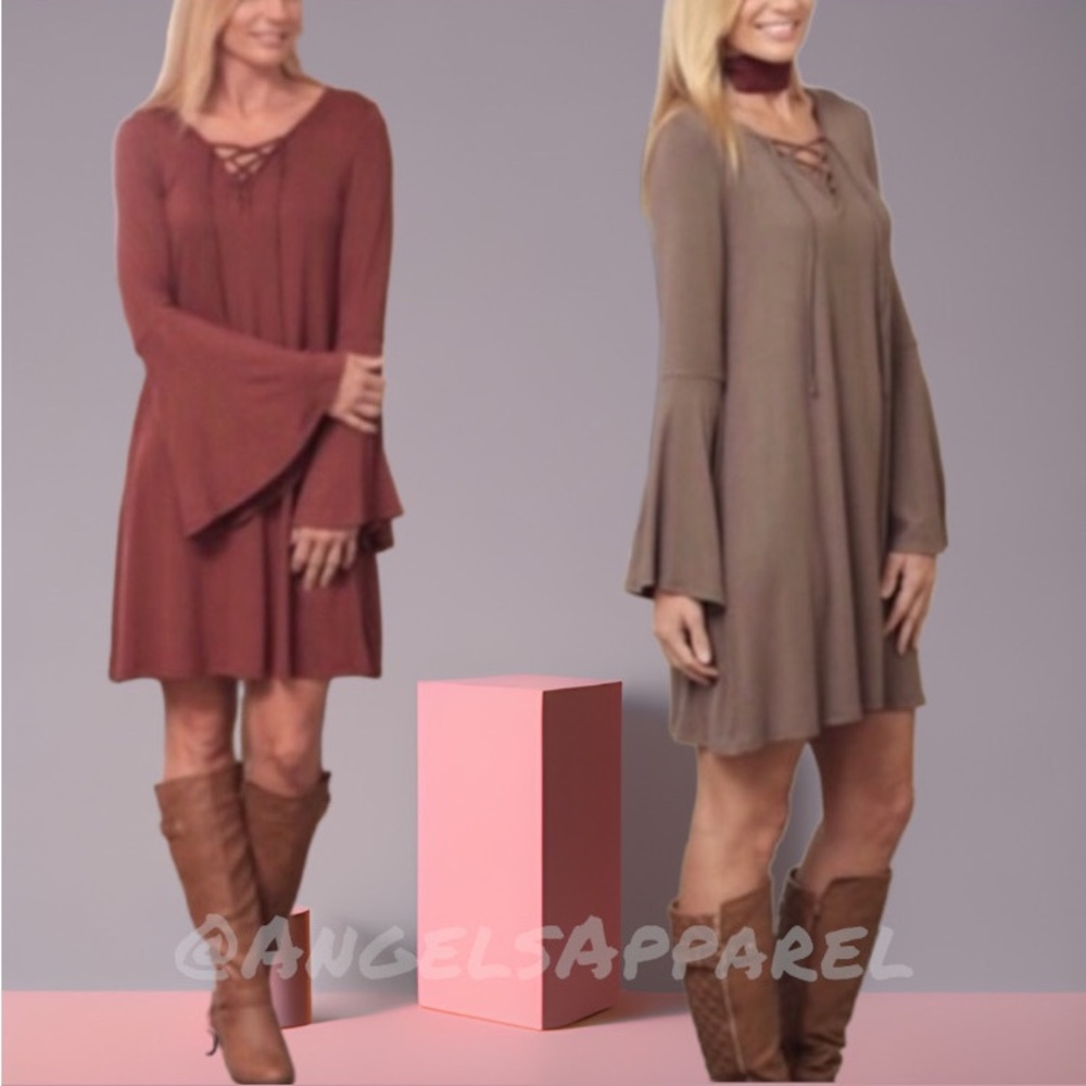 NWT✔️-- Boho Bell Sleeve Lace Up Dress in Taupe OR Copper, CHOOSE ⬇️ ....